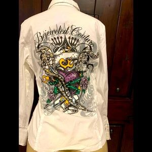 New bejeweled white woken shirt size L stones and studs
